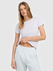 4F T-shirt slim gładki damski - szary XL. Szare koszulki sportowe damskie 4f, l, bez wzorów, biznesowe, bez kołnierzyka. Za 49.99 zł.