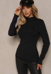 Czarny Golf z Wełną Ozdobiony Paskami Vortirida. Czarne swetry damskie Renee, z aplikacjami, z jeansu, eleganckie, bez kołnierzyka, bez ramiączek, bez kaptura. Za 79.99 zł.