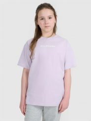 4F T-shirt oversize z nadrukiem dziewczęcy - fioletowy 134 (8-9 lat). Fioletowe t-shirty i topy dla dziewczynek 4f, bez wzorów, z bawełny, bez ramiączek. W wyprzedaży za 29.99 zł.