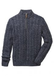 Sweter ze stójką z melanżowanej dzianiny w warkoczowy wzór. Brązowe swetry przez głowę męskie bonprix, m, bez wzorów, z dzianiny, bez kołnierzyka. Za 114.99 zł.