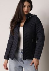Granatowa Pikowana Kurtka Przejściowa z Ozdobną Lamówką przy Kapturze Tidorna. Niebieskie kurtki damskie Born2be, l, bez wzorów, z jeansu, bez kaptura. Za 89.99 zł.