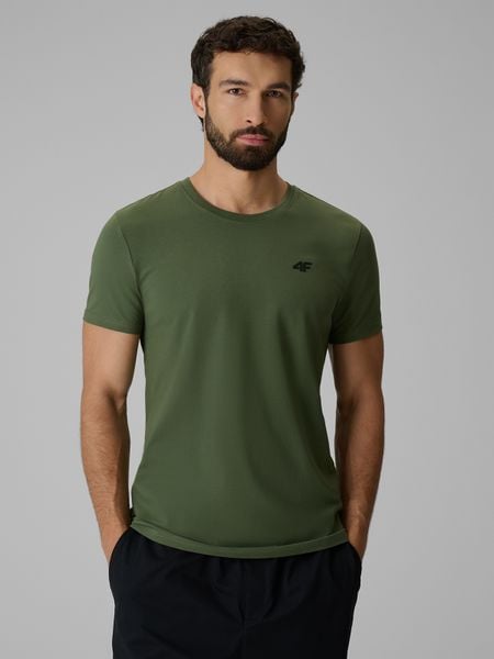4F T-shirt slim gładki męski - khaki S. Brązowe t-shirty męskie 4f, m, bez wzorów, z bawełny, bez kołnierzyka. Za 59.99 zł.