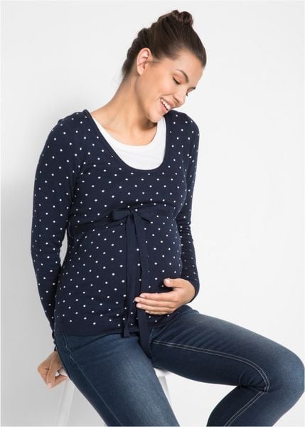 Sweter ciążowy i do karmienia piersią 2w1 z cienkiej dzianiny. Niebieskie swetry damskie bonprix, bez wzorów, z dzianiny, eleganckie, bez kołnierzyka, moda ciążowa, bez ramiączek, bez kaptura. Za 132.99 zł.