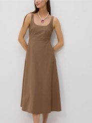 Sukienka midi - brązowy. Brązowe sukienki damskie Reserved, l, bez wzorów, z tkaniny, bez kołnierzyka, bez ramiączek, midi, rozkloszowane. Za 129.99 zł.