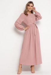 Ciemnoróżowa Rozkloszowana Sukienka Maxi z Plisowanym Dołem i Wiązanym Paskiem Nollira. Czerwone sukienki damskie Born2be, bez wzorów, eleganckie, bez kołnierzyka, bez ramiączek, maxi, plisowane. Za 119.99 zł.