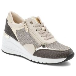 Sneakersy damskie Marco Tozzi, na koturnie z okrągłym noskiem na zamek, beżowe, 2-23723-41-402-Cream-Comb. Brązowe półbuty damskie Marco Tozzi, bez wzorów, z jeansu, eleganckie, z okrągłym noskiem, bez obcasa, na koturnie, bez zapięcia. Za 263.99 zł.