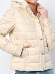 Kurtka z kapturem - kremowy. Białe kurtki damskie Sinsay, l, bez wzorów, z materiału, z kapturem. W wyprzedaży za 42.99 zł.