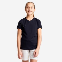 Koszulka do piłki nożnej dla dziewczynek Kipsta Viralto. Czarne t-shirty i topy dla dziewczynek KIPSTA, bez wzorów, z materiału, bez ramiączek. W wyprzedaży za 24.99 zł.