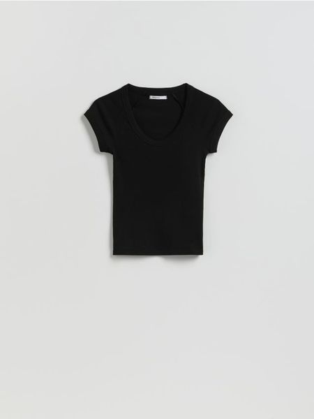 T-shirt slim fit - czarny. Czarne t-shirty damskie Reserved, l, bez wzorów, z bawełny, bez kołnierzyka. Za 35.99 zł.