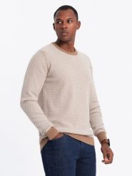 Sweter męski dzianinowy RELAXED FIT we wzory – jasnobrązowy V3 OM-SWSW-0111 - XXL. Brązowe swetry przez głowę męskie Ombre Clothing, l, bez wzorów, z bawełny, bez kołnierzyka. W wyprzedaży za 69.99 zł.