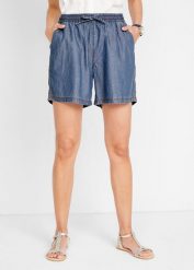 Lekkie szorty z denimu z lnem. Niebieskie szorty damskie bonprix, bez wzorów, z denimu. Za 109.99 zł.