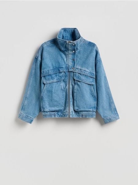 Jeansowa kurtka ze stójką - niebieski. Niebieskie kurtki damskie Reserved, l, bez wzorów, z denimu, bez kaptura. Za 199.99 zł.
