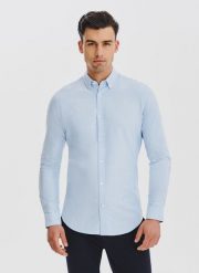 Niebieska koszula męska. Niebieskie koszule męskie Pako Lorente, m, bez wzorów, z bawełny, bez kołnierzyka, bez ramiączek. Za 149.99 zł.