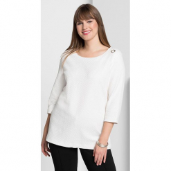 Koszulka w kolorze kremowym. Białe t-shirty damskie Sheego, z aplikacjami, z okrągłym kołnierzem. W wyprzedaży za 86.95 zł.