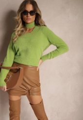 Zielony Golf z Chokerem i Wycięciem Temina. Zielone swetry damskie Renee, m, bez wzorów, klasyczne, bez kołnierzyka, bez ramiączek, długie, bez kaptura. Za 54.99 zł.