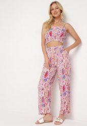 Różowy Boho Komplet z Wiskozy Top na Ramiączkach z Gumką Szerokie Spodnie Palazzo Lereri. Czerwone spodnie materiałowe damskie Born2be, m, bez wzorów, ze skóry. Za 79.99 zł.