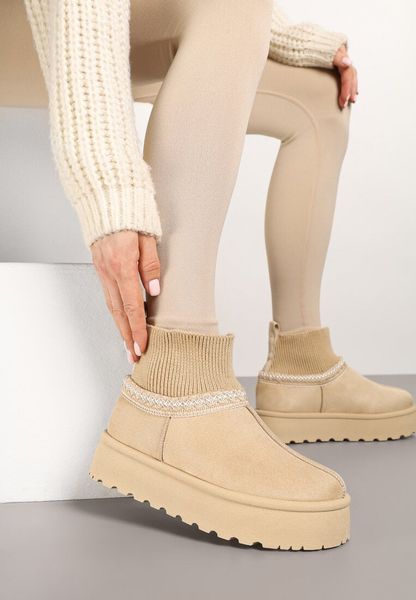 Beżowe Śniegowce na Grubej Podeszwie z Elastyczną Cholewką Nilevelia. Brązowe śniegowce i trapery damskie Born2be, z jeansu. Za 74.99 zł.