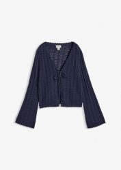 Kardigan w ażurowy wzór. Niebieskie swetry damskie bonprix, w ażurowe wzory, bez kołnierzyka, bez ramiączek, bez kaptura. Za 129.99 zł.
