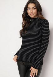 Czarny Golf z Wełną w Paski Vortilira. Czarne swetry damskie Born2be, bez wzorów, z jeansu, biznesowe, bez kołnierzyka, bez ramiączek, długie, bez kaptura. Za 84.99 zł.