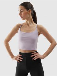 4F Crop top do jogi i pilatesu z materiału z recyklingu damski - fioletowy L. Fioletowe koszulki sportowe damskie 4f, l, bez wzorów, z dzianiny, bez kołnierzyka, bez ramiączek, na fitness i siłownię. W wyprzedaży za 49.99 zł.