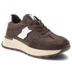 Sneakersy damskie Kobbo, cholewka ze skóry naturalnej zamszowej i licowej z wstawkami materiałowymi wiązanie na grubszej podeszwie, brązowe, 66925. Brązowe półbuty damskie Kobbo, bez wzorów, z materiału, bez obcasa, na platformie, bez zapięcia. Za 189.00 zł.