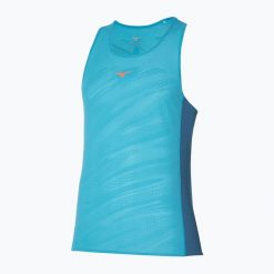 Koszulka do biegania męska Mizuno Aero Tank. Niebieskie koszulki sportowe męskie Mizuno, m, bez wzorów, z materiału, bez kołnierzyka, bez ramiączek, do biegania. Za 73.99 zł.