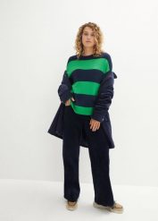 Sweter z okrągłym dekoltem, w szerokie paski. Niebieskie swetry damskie bonprix, bez wzorów, bez kołnierzyka, bez ramiączek, bez kaptura. Za 89.99 zł.