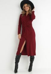 Bordowa Sukienka Koszulowa z Marszczeniem Nure. Czerwone sukienki damskie Born2be, s, bez wzorów, z tkaniny, eleganckie, bez kołnierzyka, bez ramiączek, midi, koszulowe. Za 99.99 zł.