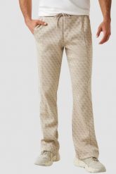 GUESS Beżowe męskie spodnie dresowe z lampasami w zielony monogram Parimo 4G, Rozmiar S. Brązowe spodnie sportowe męskie Guess, m, z aplikacjami, z dresówki. W wyprzedaży za 549.99 zł.
