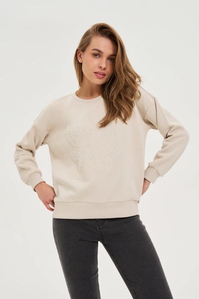 Bluza z aplikacją beżowa. Brązowe bluzy damskie MOODO, l, z aplikacjami, z bawełny, bez kaptura. Za 139.99 zł.