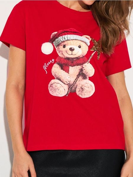 Bawełniana koszulka z nadrukiem świątecznym - czerwony. Czerwone t-shirty damskie Sinsay, l, bez wzorów, z bawełny, wizytowe, bez kołnierzyka. Za 25.99 zł.