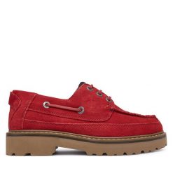 Półbuty Tommy Jeans. Czerwone półbuty damskie Tommy Jeans, bez wzorów, z jeansu, bez obcasa, na płaskiej podeszwie, bez zapięcia. Za 569.99 zł.