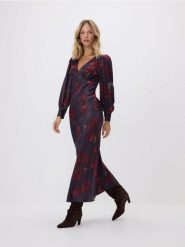 Sukienka w róże - ciemnofioletowy. Fioletowe sukienki damskie Reserved, l, bez wzorów, z wiskozy, bez kołnierzyka, bez ramiączek, rozkloszowane. Za 219.99 zł.