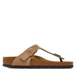 Japonki Birkenstock. Brązowe klapki damskie Birkenstock, bez wzorów, bez obcasa. Za 579.99 zł.