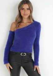 Granatowy Sweter na Jedno Ramię Yile. Niebieskie swetry damskie Born2be, bez wzorów, z jeansu, eleganckie, z asymetrycznym kołnierzem, bez ramiączek, długie, bez kaptura. Za 129.99 zł.