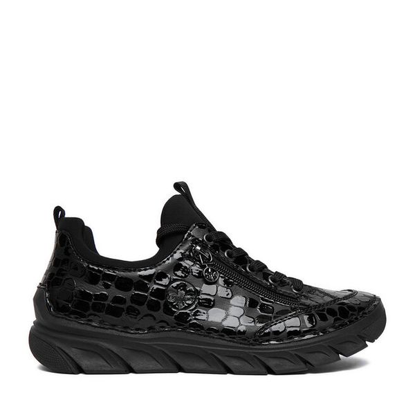Sneakersy Rieker. Czarne półbuty damskie Rieker, bez wzorów, bez obcasa, na płaskiej podeszwie, bez zapięcia. Za 349.99 zł.