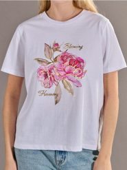 Koszulka z kwiatowym motywem - biały. Białe t-shirty damskie Sinsay, l, bez wzorów, bez kołnierzyka. Za 25.99 zł.