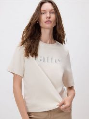 T-shirt z haftowanym napisem - beżowy. Brązowe t-shirty damskie Reserved, l, bez wzorów, z bawełny, bez kołnierzyka. Za 39.99 zł.