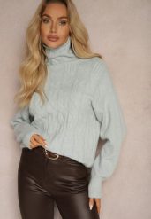 Miętowy Casualowy Golf z Tłoczonym Wzorem Daivyn. Zielone swetry damskie Renee, na zimę, bez wzorów, bez kołnierzyka, bez ramiączek, bez kaptura. Za 84.99 zł.
