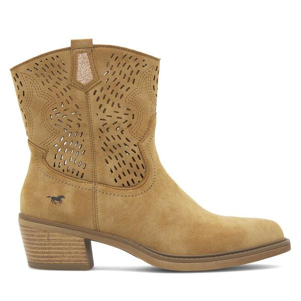 Kowbojki Mustang. Brązowe botki damskie Mustang, bez obcasa, na słupku, bez zapięcia. Za 309.99 zł.