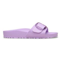 BIRKENSTOCK Madrid Big Buckle EVA Crocus Klapki damskie. Fioletowe klapki damskie Birkenstock, bez wzorów, z materiału, eleganckie, bez obcasa. Za 239.99 zł.