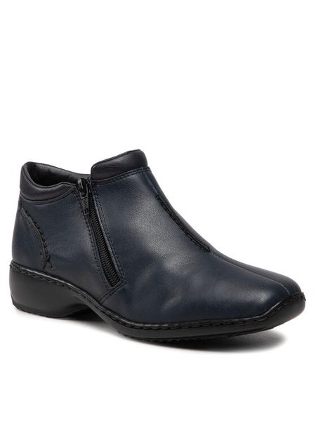Rieker Botki L3882-15 Granatowy. Niebieskie botki damskie Rieker, ze skóry, bez obcasa, na płaskiej podeszwie, bez zapięcia. Za 299.99 zł.