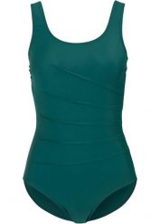 Kostium kąpielowy shape z ozdobnymi plisami, lekki stopień modelowania sylwetki. Niebieskie kostiumy jednoczęściowe damskie bonprix, bez wzorów. Za 99.99 zł.