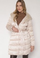 Beżowa Długa Kurtka Ozdobiona Pikowaniem z Nieodpinanym Kapturem i Paskiem Lidaveia. Brązowe kurtki damskie Born2be, l, bez wzorów, z jeansu. Za 329.99 zł.