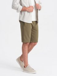 Męskie szorty dresowe przed kolano BASIC – oliwkowe V2 OM-SRBS-0149 - XXL. Zielone krótkie spodenki sportowe męskie Ombre Clothing, l, bez wzorów, z bawełny. W wyprzedaży za 69.99 zł.