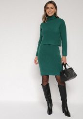 Zielony Komplet Dzianinowy z Wełną i Bawełną Golf i Dopasowana Sukienka Reilaia. Zielone sukienki damskie Born2be, bez wzorów, z bawełny, eleganckie, bez kołnierzyka, bez ramiączek, dopasowane. Za 109.99 zł.
