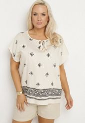 Jasnobeżowa Bluzka ze Wzorem w Stylu Boho Frolzedi. Brązowe bluzki damskie Born2be, xl, bez wzorów, z jeansu, boho, bez kołnierzyka, bez ramiączek. Za 49.99 zł.