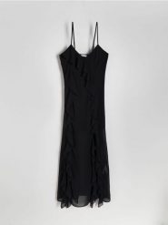 Sukienka maxi z falbanami - czarny. Czarne sukienki damskie Reserved, l, bez wzorów, z tkaniny, bez kołnierzyka, bez ramiączek, maxi, dopasowane. W wyprzedaży za 89.99 zł.