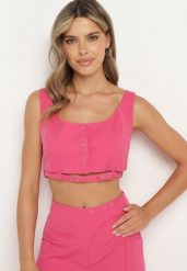 Fuksjowy Top Zapinany na Napy z Ozdobnym Paskiem Tiamarose. Czerwone bluzki damskie Born2be, na lato, m, bez wzorów, z jeansu, eleganckie, bez kołnierzyka, bez ramiączek. Za 64.99 zł.