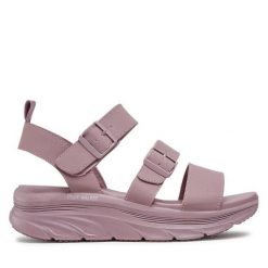Sandały Skechers. Fioletowe klapki damskie Skechers, bez wzorów, bez obcasa, na koturnie, bez zapięcia. Za 239.99 zł.